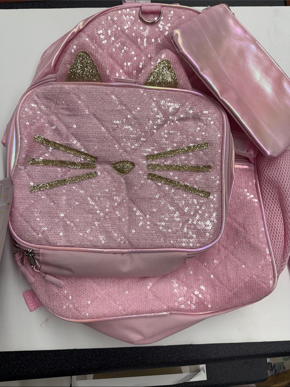 NEW Pink Sequin Cat Kids Backpack with Matching Lunch Bag and Pencil Case